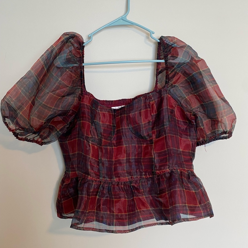 Red Plaid Puff Sleeve Blouse by Audrey Parks of Francesca’s, size XL
